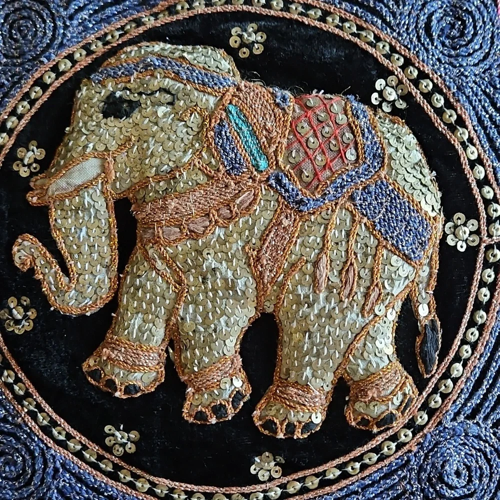 Throw Pillow Cover Set Elegant Thai Elephant Sequin Embroidered Set - 1980's